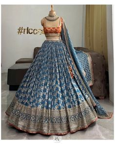 Orange And Blue Lehenga, Lehenga Designs Aesthetic, Blue Lehenga Outfit, Blue Lehenga Bridal, Garba Lehenga, Simple Lehenga, Latest Bridal Lehenga, Trendy Outfits Indian