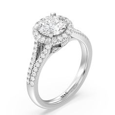 a white and yellow gold engagement ring with an oval center stone surrounded by round diamonds