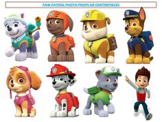 the paw patrol characters are shown in various poses and sizes, including puppies, dogs, and firemen