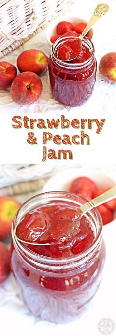 a jar filled with strawberry and peach jam sitting on top of a table next to apples