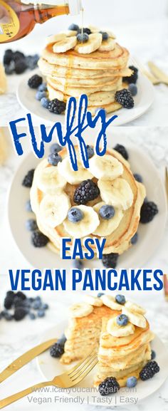 pancakes with blueberries, bananas and syrup on them are shown in this collage