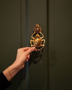 a hand is holding onto a door handle that has a golden beetle on the front