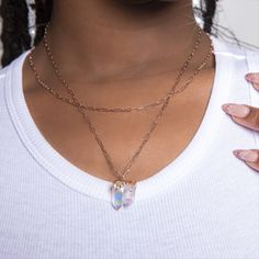 Rose Gold Delicate Chain Crystal Necklace, Rose Gold Crystal Necklace With Delicate Chain, Rose Gold Clavicle Chain Crystal Necklace, Rose Gold Crystal Necklace With Clavicle Chain, Spiritual Rose Gold Necklace With Delicate Chain, Rose Gold Gemstone Pendant Necklace, Spiritual Rose Gold Jewelry With Adjustable Chain, Rose Gold Gemstone Pendant Charm Necklace, Rose Gold Gemstone Pendant Charm Necklaces