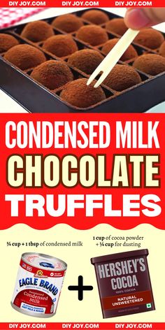 chocolate truffles are being served in trays with the words condenseed milk chocolate truffles