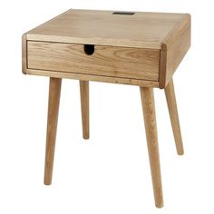 a small wooden table with one drawer open