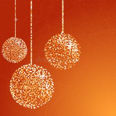 three christmas balls hanging from strings on an orange background with white stars and sparkles royalty illustration