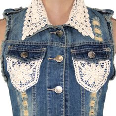 "This new \"destroyed\" denim vest is 100% cotton and has been embellished with romantic lace and pearl beads. This romantic boho piece can be styled in so many ways. Each piece in our HEART ALTERED collection has been embellished with our signature ♥ charm. 100% cotton Hand wash, hang dry. Measurements: Label marked small ~ FITS LIKE XXS Bust ~ 33 inches Waist ~ 30-1/2 inches Length from top of shoulder to bottom of the vest ~ 19 inches Label marked medium ~ FITS LIKE XS Bust ~ 34 inches Waist Cheap Y2k Denim Vest, Stretch Cotton Denim Vest For Summer, Summer Stretch Cotton Denim Vest, Spring Stretch Cotton Denim Vest, Sleeveless Denim Vest For Festivals, Stretch Cotton Sleeveless Denim Vest, Summer Distressed Cotton Denim Vest, Bohemian Sleeveless Denim Vest, Distressed Cotton Sleeveless Denim Vest