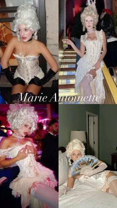 four different pictures of women dressed in costumes and posing for the camera, with one woman sitting on a bed