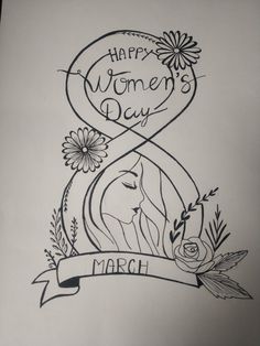 a drawing of a woman's day with flowers and an hour mark on it