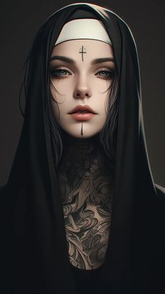 a woman with tattoos on her chest wearing a black hoodie and holding a cross above her head