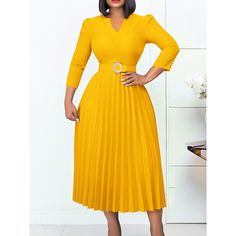 Season:Winter,Fall; Fabric:Polyester; Sleeve Length:Long Sleeve; Look After Me:Machine wash; Gender:Women's; Style:Fashion,Modern,Elegant,Mature; Elasticity:Micro-elastic; Occasion:Daily; Details:Belt Included; Fit Type:Regular Fit; Dresses Type:A Line Dress,Casual Dress; Pattern:Plain; Design:Ruched,Patchwork; Neckline:V Neck; Front page:FF; Listing Date:09/13/2023; Bust:; Hips:; Length:; Shoulder Width:; Sleeve:; Waist:; Fit US Size:; Fit UK Size:; Fit EU Size:; Dress Length Type:Midi Dress; P Mustard Outfit, Casual Work Dresses, Outfit For Women, Line Dresses, Work Dresses For Women, Calf Length Dress, Blue Belt, A Line Dresses, Pleated Midi Dress