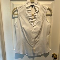 Nwt- Brooks Brothers Fitted White Sleeveless Top With Ruffled Neckline Formal Summer Vest Top, Fitted Sleeveless Blouse Vest With Ruffles, Fitted Ruffled Sleeveless Blouse Vest, White Formal Sleeveless Top, Elegant Sleeveless Cotton Vest, White Sleeveless Top, Ruffled Neckline, White Sleeveless, Brooks Brothers