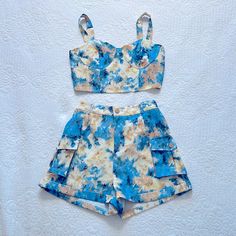 Two Piece Set In Excellent Condition Top Never Worn. 100% Polyester Blue Summer Sets With Pockets, Blue Summer Set With Pockets, Summer Blue Sets With Pockets, Fitted Sets With Pockets For Day Out, Blue Matching Set Bottoms For Summer, Peach Pants, 2 Piece Short Set, Peach Color, Short Set