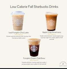 four different starbucks drinks are shown with the names and description for each drink in their cups