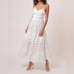 This Line And Lot Pixie Eyelet Maxi Dress In Size M Is A Stunning Addition To Any Wardrobe. The Dress Features A V-Neckline, Button Closure, And Sleeveless Design With Ruffled Trim Accents. It Is Made Of A Blended Fabric Of Polyester And Cotton, And Is Collarless With Eyelet Detailing. Perfect For Casual Occasions In Spring And Summer, This Dress Has A Classic Theme And Solid Pattern. It Is Not Handmade And Has No Character, But It Is A Beautiful Garment With Pleated And Strap Accents. The Dress Sleeveless Eyelet Dress For Spring, Sleeveless Broderie Anglaise Summer Dresses, Sleeveless Eyelet Midi Dress, Spring Sleeveless Eyelet Midi Dress, Feminine Sleeveless Midi Dress With Broderie Anglaise, Sleeveless Eyelet Midi Dress For Spring, Sleeveless Eyelet Midi Dress For Summer, Sleeveless Broderie Anglaise Midi Dress For Daywear, Sleeveless Eyelet Lace Dress