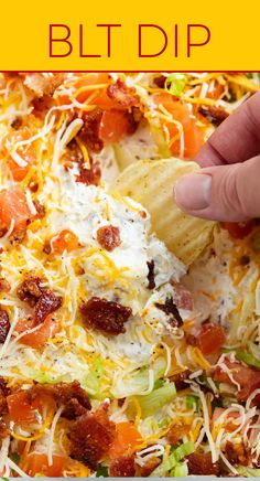 blt dip with a ruffles potato chip in the middle Jam Burger, Cold Dip Recipes, Blt Dip, Jalapeno Popper Dip, Delicious Dips Recipes, Taco Dip, Bacon Jam, Queso Dip, Dip Recipes Easy