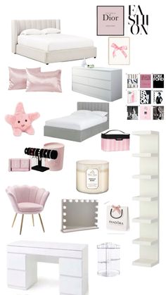 a white bedroom with pink accents and accessories on the bed, along with other items