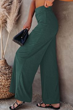 Green Ribbed Knit High Rise Wide Leg Pants Solid Wide Leg Ribbed Pants, Green Stretch Ribbed Bottoms, Solid Ribbed Wide Leg Pants, Solid Color Ribbed Wide-leg Pants, Solid Ribbed Full-length Bottoms, Ribbed High Waist Pants, Solid Ribbed Full-length Pants, Non-stretch Ribbed Pants, Solid Color Ribbed Full Length Pants