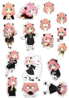 various anime character stickers with pink hair and black clothes, all in different poses