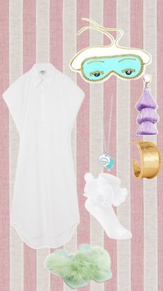 some items are laying out on a pink and white striped background, including an eye mask