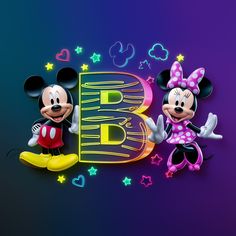 two mickey and minnie mouse characters standing next to the letter b with stars around them