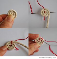 four pictures showing how to tie a knot with string and yarn, including the end of a rope