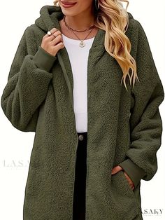 Lasaky - Fleece-Lined Hooded Coat with Zipper Closure: Stylish Long Sleeve Winter Outerwear for Women Long Sleeve Fleece Hooded Jacket With Zipper, Green Long Sleeve Outerwear With Fleece Lining, Cozy Hooded Fleece Jacket With Zipper Closure, Green Zipper Closure Long Sleeve Hoodie, Green Long Sleeve Hoodie With Zipper Closure, Cozy Green Fleece Jacket For Fall, Green Long Sleeve Hooded Jacket With Zipper, Green Hooded Jacket With Zipper Closure, Green Long-sleeve Fleece Jacket With Pockets