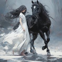 a painting of a woman walking next to a black horse