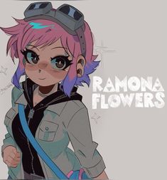 an anime character with pink hair and goggles on her head, standing in front of a gray background