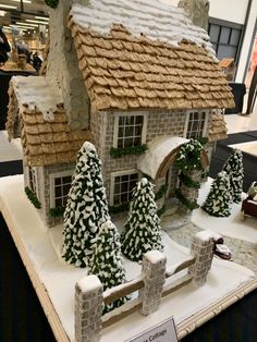 a gingerbread house with trees and snow on the roof