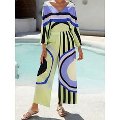 Season:Spring  Summer; Fabric:Satin; Look After Me:Machine wash; Gender:Women's; Style:Modern Contemporary,Beach; Elasticity:Inelastic; Occasion:Daily Wear,Vacation; Details:Only pants; Fit Type:Relaxed Fit; Waistline:Natural; Pattern:Plaid / Striped / Chevron / Round; Design:Print,Geometrical,Chandelier; Trends:Breathable,Print,Loose; Pants Type:Pants Trousers,Straight,Relaxed; Fly Type:Elasticity; Listing Date:05/17/2024; Production mode:External produce; Inseam:; Hips:; Waist:; Pattern Theme:Line; Fit US Size:; Fit UK Size:; Pants Length:Full Length; Pant Length:; Looseness:Loose Fit; Inclusion:Elasticated Waistband; Fabric Properties:LuxeSatin - Discover the essence of quiet luxury in our exclusive Subtly Glossy Luxe Satin, it is drapey and sleek like silk. Designer Bottoms, Poncho Blouse, Pants Fit, Pantalon Large, Loose Pants, Round Design, Type Of Pants, Side Stripe, Straight Pants