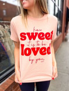 Live life in sweet style with our How Sweet It Is Tee! Made from lightweight material and designed to fit true to size, this t-shirt is perfect for any casual occasion. Valentines Shirts, Thigh Rub, Patchwork Kimono, Sweet Violets, Cowgirl Outfits, To Be Loved, Red Ink, Mesh Long Sleeve, Sweet Style