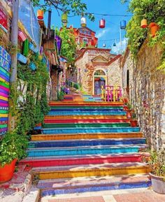 colorful steps lead up to an old building