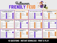 the halloween friendly printable game is shown with an image of a witch sitting on her broom