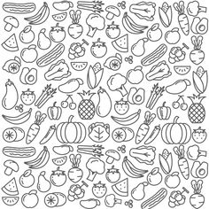 a black and white drawing of fruits and vegetables