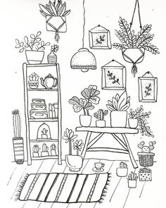 a black and white drawing of a living room with plants on the shelves, bookshelf, potted plants and other items