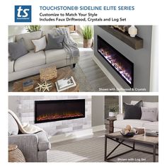 an advertisement for the touchtonee sideline electric fireplace in white and grey tones