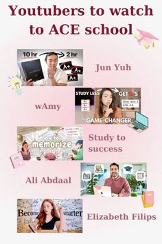 a pink poster with images of people and words that read youtubebers to watch to ace school