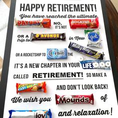 a sign that has some candy on it and the words happy retirement are written in different languages