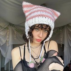 Y2K Striped Cat Ear Beanie Hat available in several colors Cat Ear Beanie, Crochet Adult Hat, Ear Beanie, Cat Ears Hat, Cat Eared Beanie, Blue Strawberry, Striped Beanie, Woolen Cap, Devil Horns