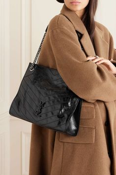 SAINT LAURENT Niki medium quilted crinkled-leather tote | NET-A-PORTER Ysl Niki Bag Outfit, Ysl Tote Bag, Ysl Tote, Winter Wardrobe Essentials, Suede Tote Bag, Luxury Bags Collection, Bag Obsession, Suede Tote, Celebrity Outfits