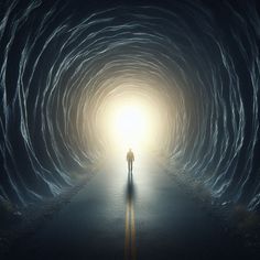 a man standing in the middle of a tunnel with light coming from it's end