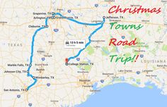 a map with the words christmas town road trip in red and green on it's left side