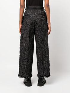 cropped-leg tweed trousers from sacai featuring black, wool blend, tweed, high-waisted, elasticated drawstring waistband, front button and zip fastening, wide leg, two side inset pockets, two rear button-fastening pockets, frayed hem and ankle-length. This item is in size 1 and the color is Black Loose Tweed Pants, Black Fitted Tweed Bottoms, Luxury Women's Jacquard Knit Bottoms, Fitted Jacquard Knit Bottoms, Luxury Black Wool Wide Leg Pants, Tweed Trousers, Drawstring Waistband, Black Wool, Trousers Women