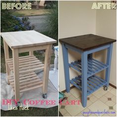 before and after photos of a kitchen island made out of pallet wood with wheels