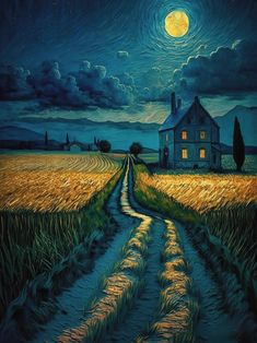 a painting of a house in the middle of a wheat field under a full moon