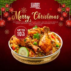 merry christmas flyer with chicken and veggies in a bowl on a red background