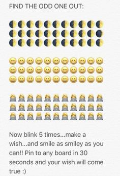 an info sheet with smiley faces and the text, find the odd one out now blink 5 times make a wish and smile as smiley as you can