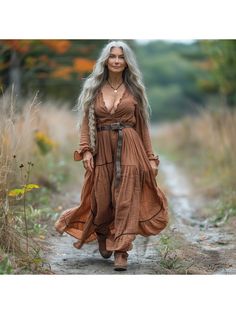 Women Elegant Dresses, Vintage V-neck Linen Long-sleeve Dress Chic Brown V-neck Dress For Spring, Brown V-neck Boho Dress For Fall, Fitted V-neck Maxi Dress For Fall, Flowy V-neck Long Sleeve Dress, Bohemian V-neck Fall Dresses, Brown V-neck Midi Dress, Fall Fitted V-neck Maxi Dress, Flowy V-neck Dress For Fall, Long Sleeve V-neck Dress For Fall