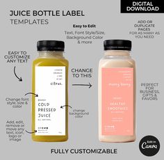 two bottles with labels on them that say juice bottle label and how to use it